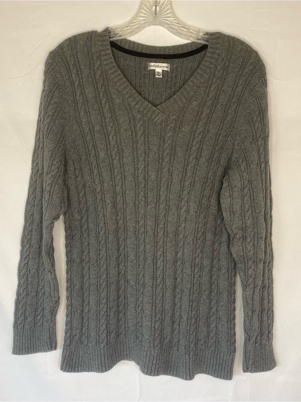 CROFT & BARROW GRAY SWEATER V-NECK CABLE KNIT LONG SLEEVE SZ XL COTTON PULLOVER
